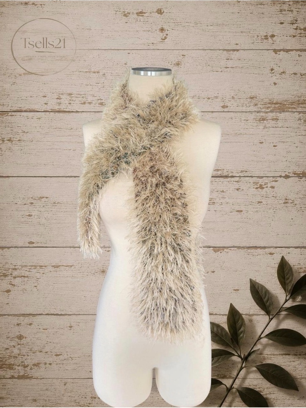 Amy Vargas Couture Vintage Y2K Eyelash Knit Fuzzy Boa Scarf - Beige - 47” Long